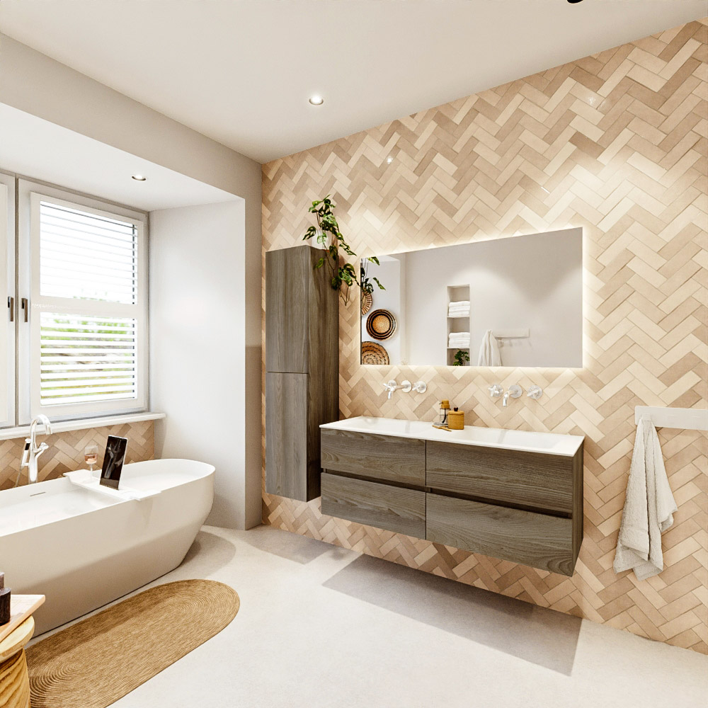 MONDIAZ VICA 130cm mueble de baño Dark Brown Grey 4 cajones. Lavabo CLOUD Doble sin orificio, color Talc. 4 MONDIAZ VICA 130cm mueble de baño Dark Brown Grey 4 cajones. Lavabo CLOUD Doble sin orificio, color Talc. - Imagen 4
