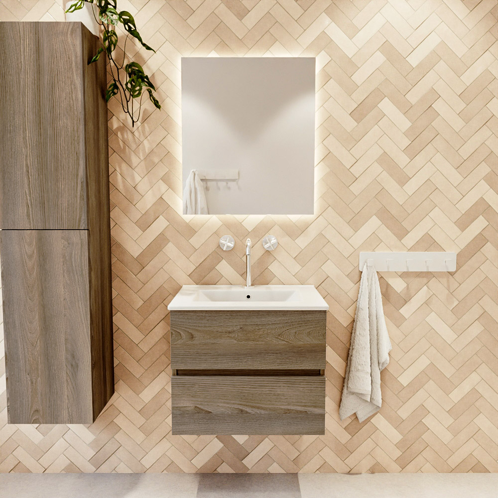 MONDIAZ VICA 60cm mueble de baño Dark Brown Grey 2 cajones. Lavabo DENIA Centro 1 orificio color Blanco brillo con espejo LED. 2 MONDIAZ VICA 60cm mueble de baño Dark Brown Grey 2 cajones. Lavabo DENIA Centro 1 orificio color Blanco brillo con espejo LED. - Imagen 2