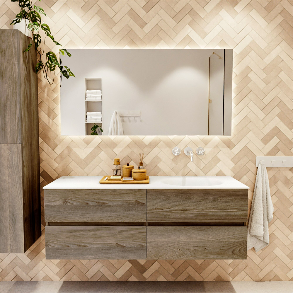 MONDIAZ VICA 140cm mueble de baño Dark Brown Grey 4 cajones. Lavabo MOON Derecho sin orificio, color Talc. 2 color Talc.