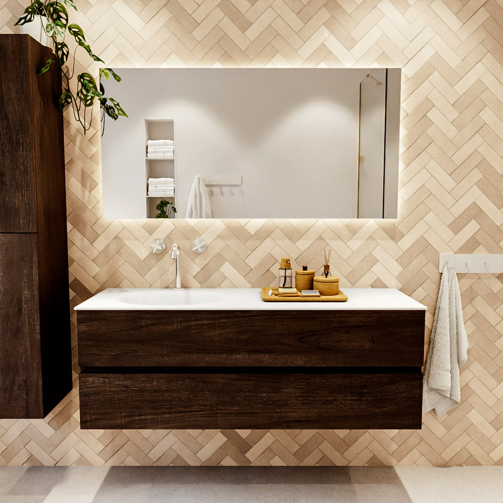 MONDIAZ VICA 140cm mueble de baño Dark Brown 2 cajones. Lavabo MOON Izquierda 1 orificio, color Talc. 2 color Talc.