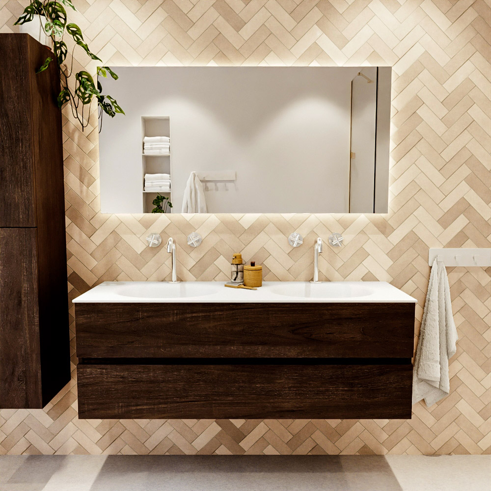 MONDIAZ VICA 140cm mueble de baño Dark Brown 2 cajones. Lavabo MOON Doble 2 orificios, color Talc. 2 color Talc.
