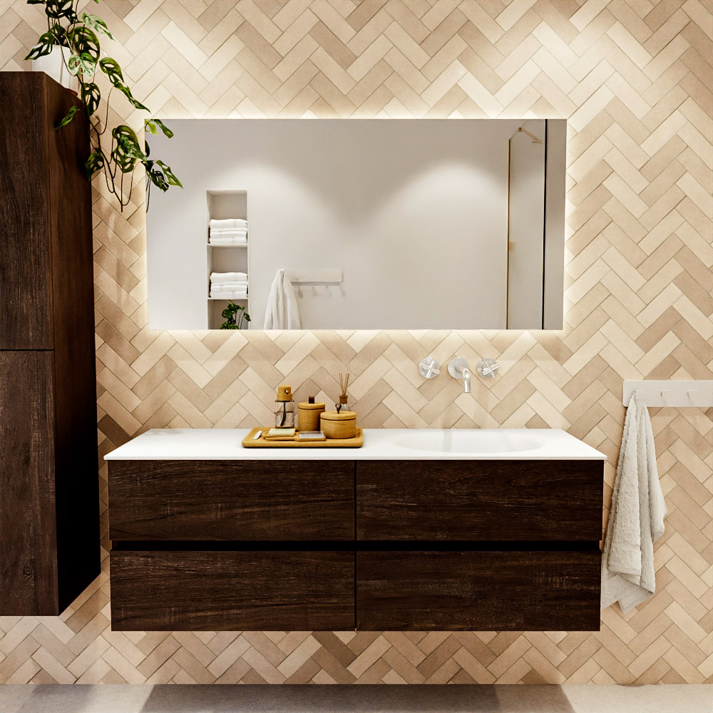 MONDIAZ VICA 140cm mueble de baño Dark Brown 4 cajones. Lavabo MOON Derecho sin orificio, color Talc. 2 color Talc.