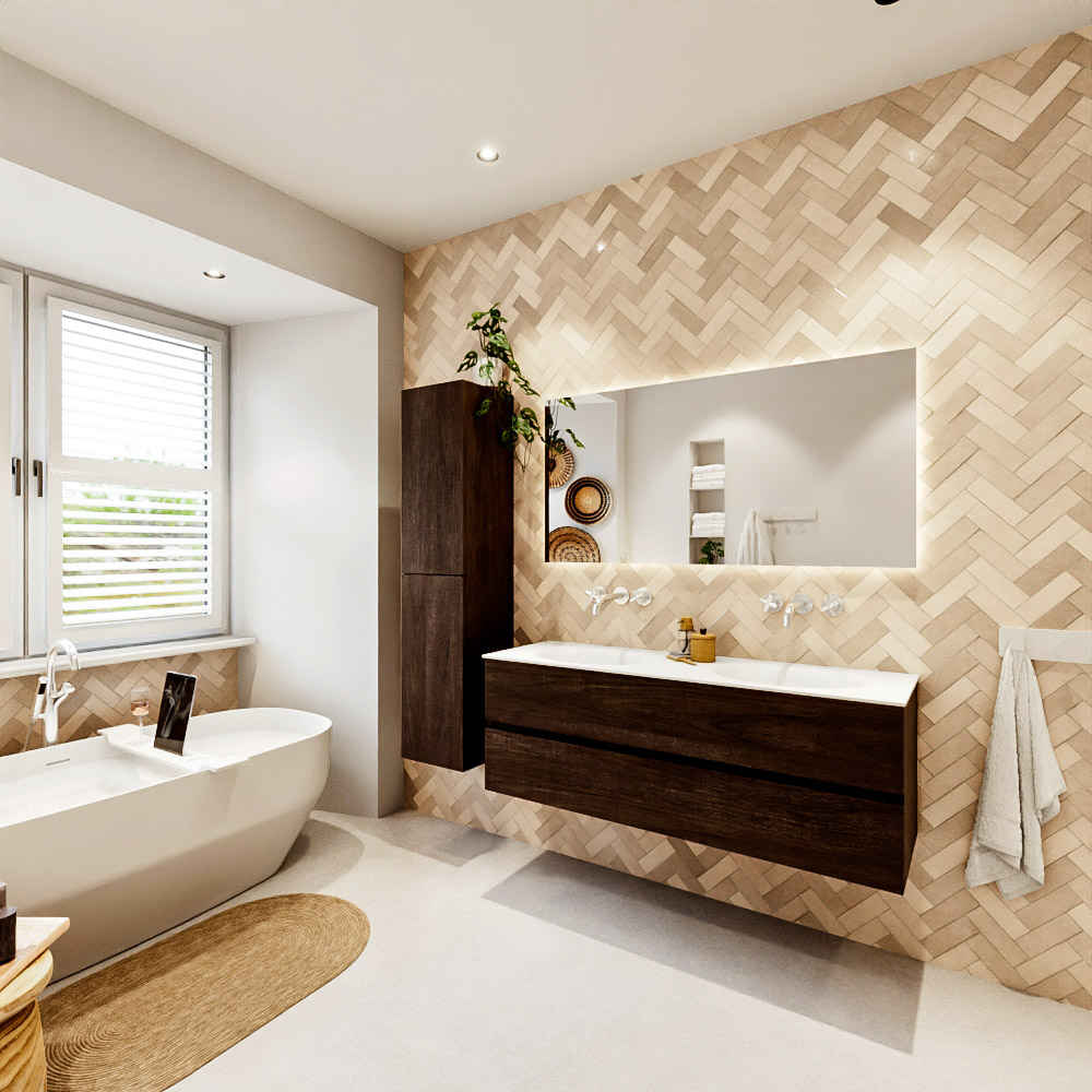 MONDIAZ VICA 140cm mueble de baño Dark Brown 2 cajones. Lavabo MOON Doble sin orificio, color Talc. 4 MONDIAZ VICA 140cm mueble de baño Dark Brown 2 cajones. Lavabo MOON Doble sin orificio, color Talc. - Imagen 4