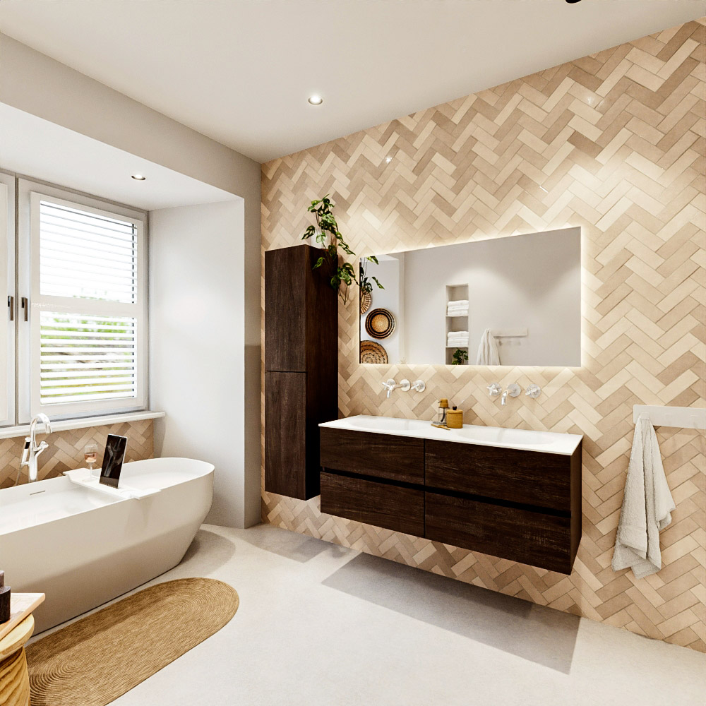 MONDIAZ VICA 130cm mueble de baño Dark Brown 4 cajones. Lavabo MOON Doble sin orificio color Talc con espejo LED. 4 MONDIAZ VICA 130cm mueble de baño Dark Brown 4 cajones. Lavabo MOON Doble sin orificio color Talc con espejo LED. - Imagen 4