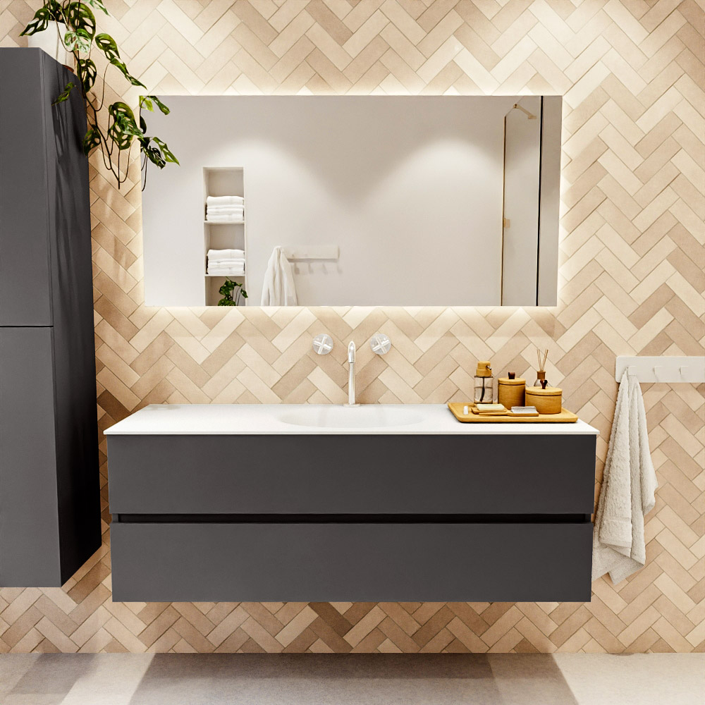 MONDIAZ VICA 140cm mueble de baño Dark Grey 2 cajones. Lavabo MOON Centro 1 orificio, color Talc. 2 color Talc.