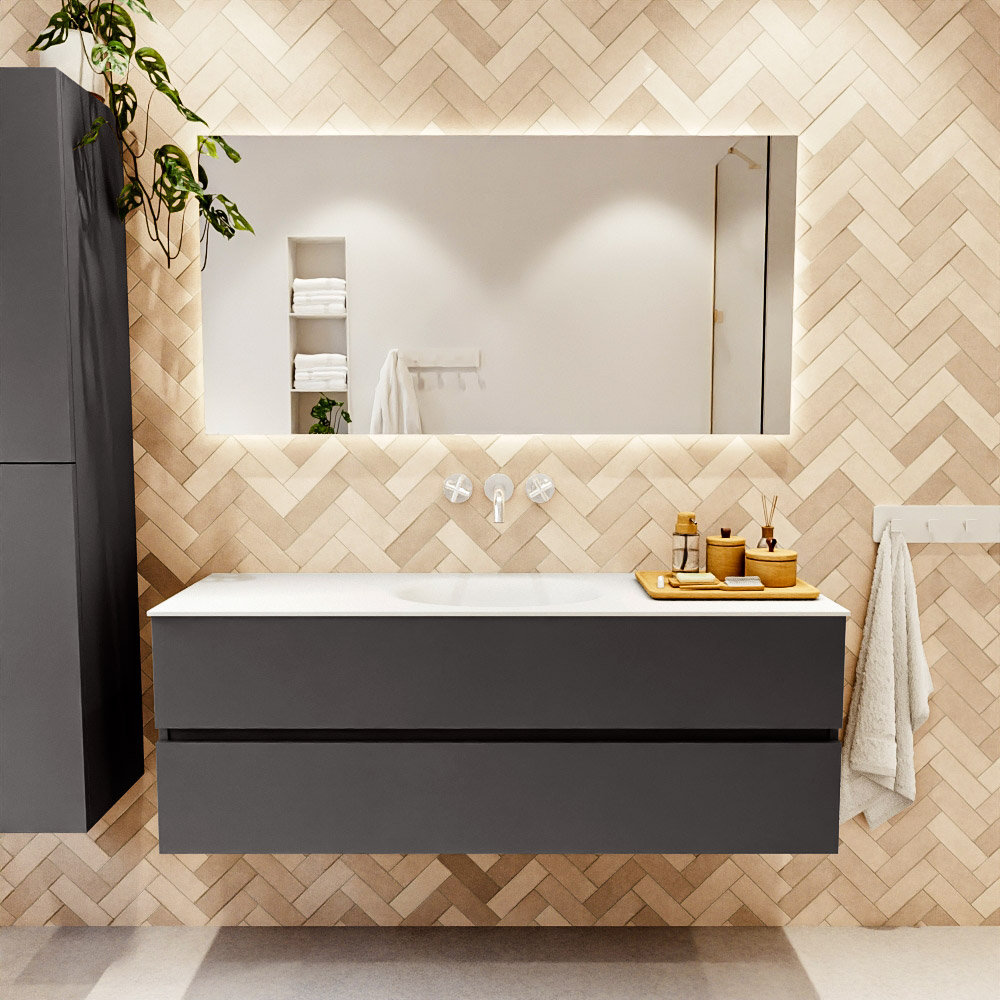 MONDIAZ VICA 140cm mueble de baño Dark Grey 2 cajones. Lavabo MOON Centro sin orificio, color Talc. 2 color Talc.