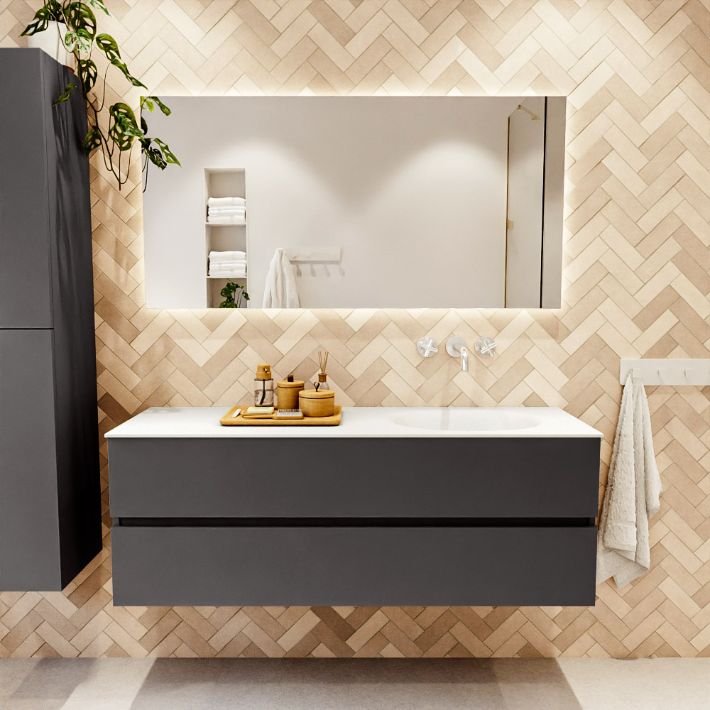 MONDIAZ VICA 140cm mueble de baño Dark Grey 2 cajones. Lavabo MOON Derecho sin orificio, color Talc. 2 color Talc.