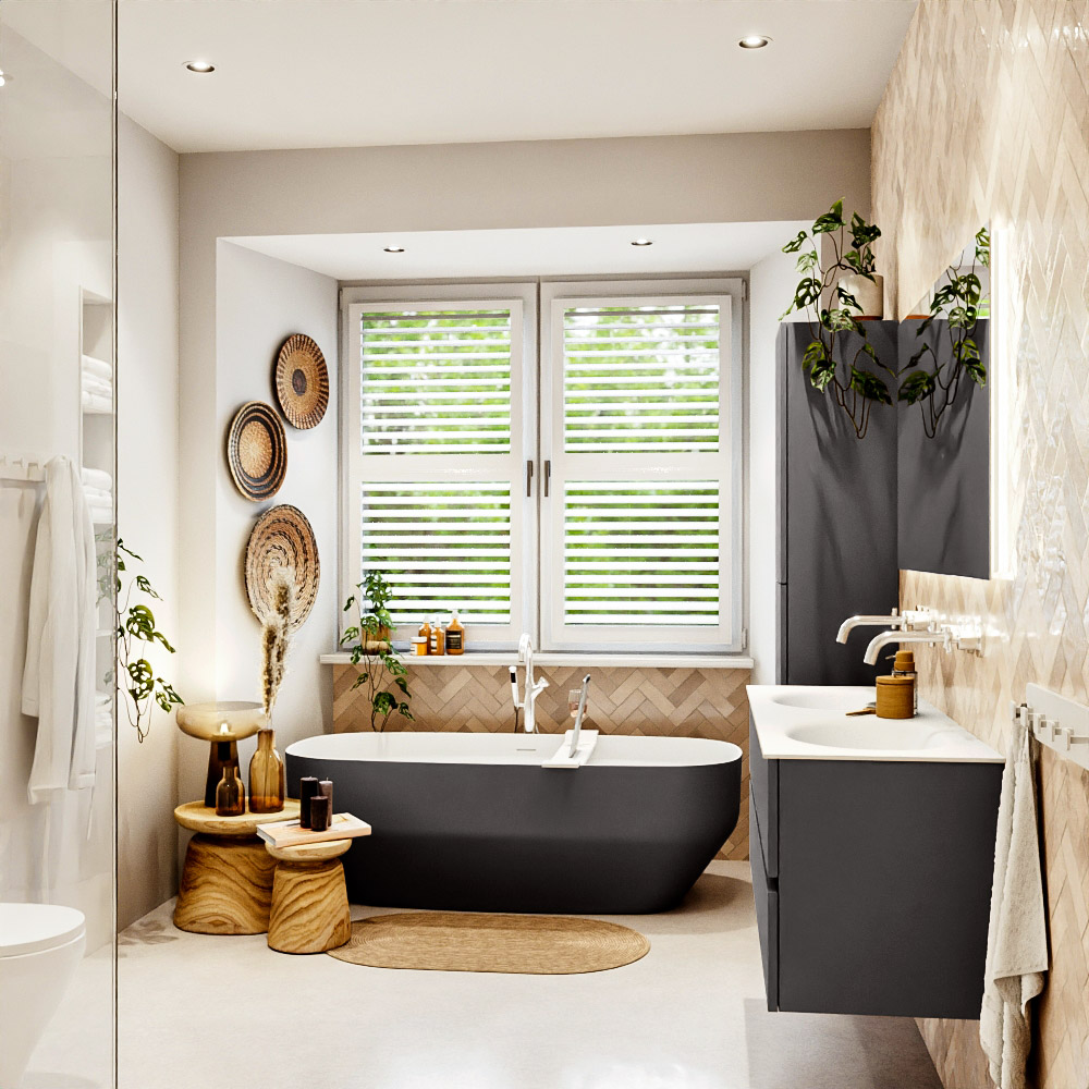 MONDIAZ VICA 130cm mueble de baño Dark Grey 4 cajones. Lavabo MOON Doble sin orificio, color Talc. 3 MONDIAZ VICA 130cm mueble de baño Dark Grey 4 cajones. Lavabo MOON Doble sin orificio, color Talc. - Imagen 3