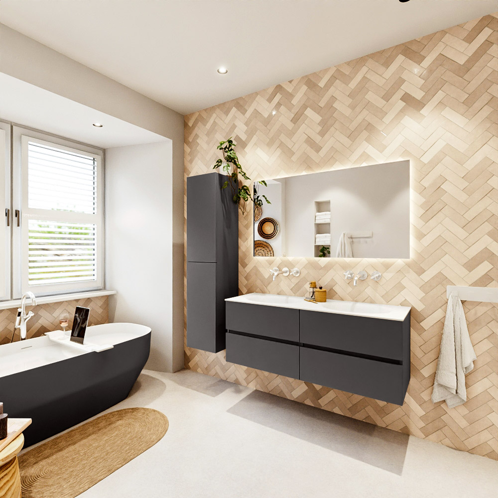 MONDIAZ VICA 130cm mueble de baño Dark Grey 4 cajones. Lavabo MOON Doble sin orificio, color Talc. 4 MONDIAZ VICA 130cm mueble de baño Dark Grey 4 cajones. Lavabo MOON Doble sin orificio, color Talc. - Imagen 4