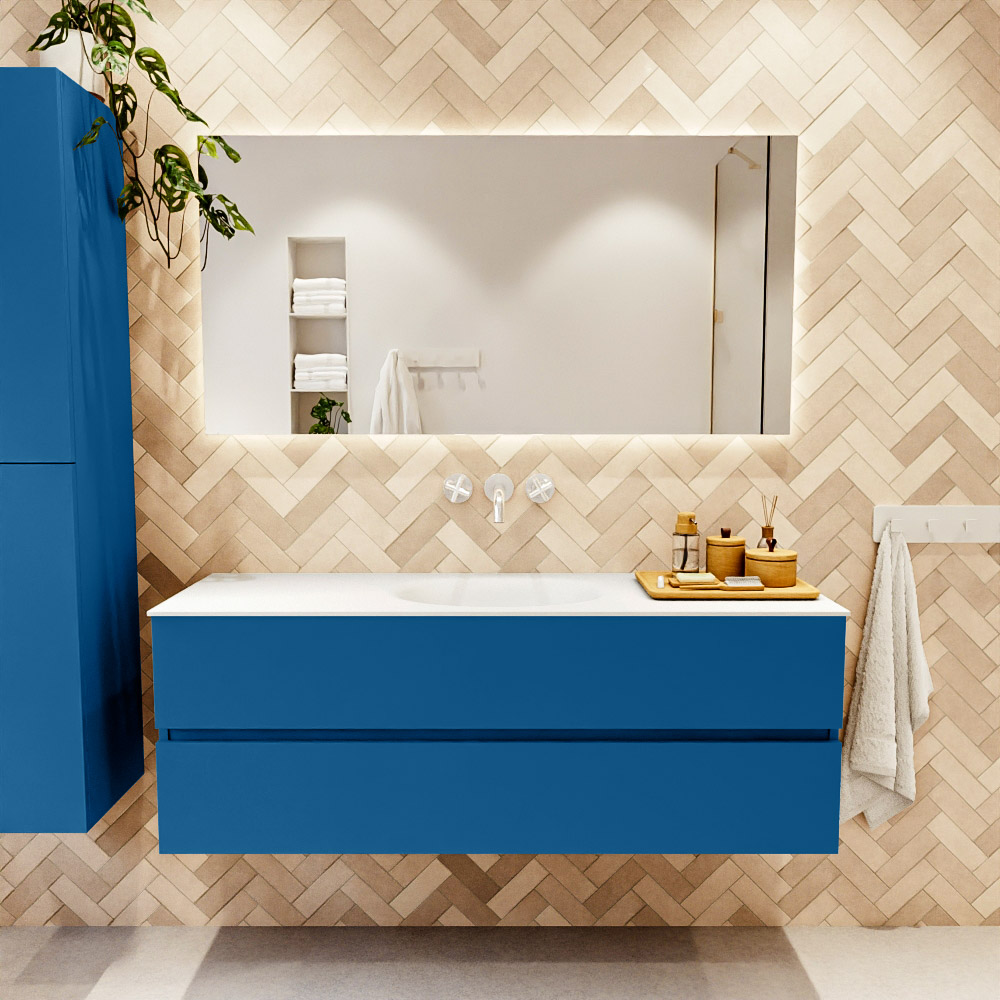 MONDIAZ VICA 140cm mueble de baño Jeans 2 cajones. Lavabo MOON Centro sin orificio, color Talc. 2 color Talc.