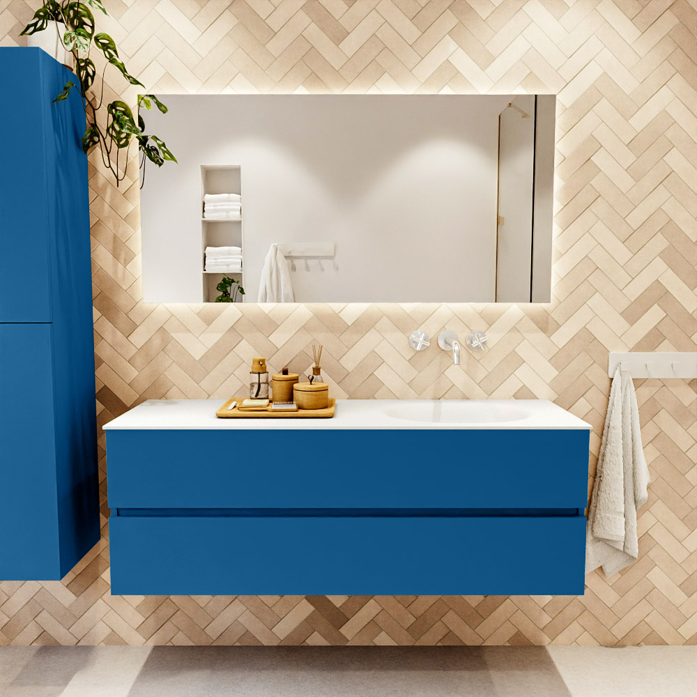 MONDIAZ VICA 140cm mueble de baño Jeans 2 cajones. Lavabo MOON Derecho sin orificio, color Talc. 2 color Talc.
