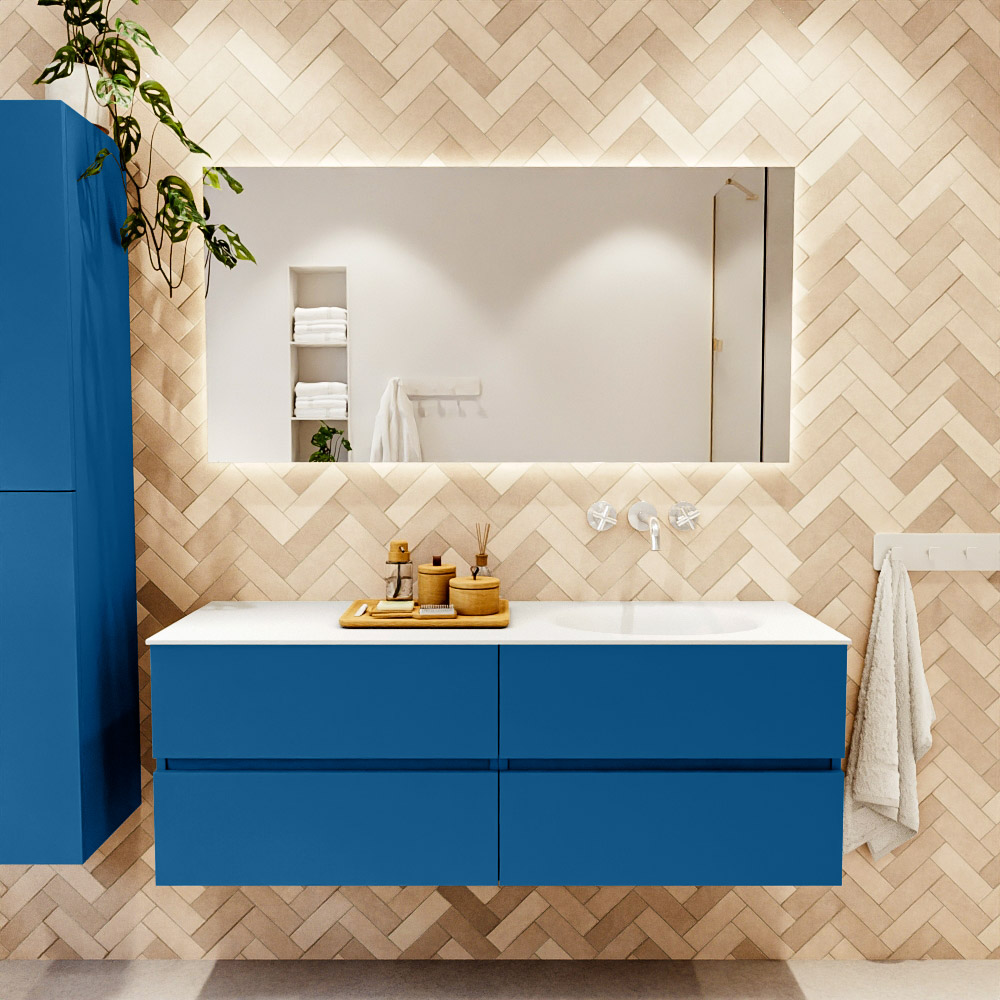 MONDIAZ VICA 140cm mueble de baño Jeans 4 cajones. Lavabo MOON Derecho sin orificio, color Talc. 2 color Talc.