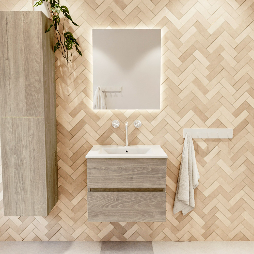 MONDIAZ VICA 60cm mueble de baño Light Brown Grey 2 cajones. Lavabo DENIA Centro 1 orificio color Blanco brillo con espejo LED. 2 MONDIAZ VICA 60cm mueble de baño Light Brown Grey 2 cajones. Lavabo DENIA Centro 1 orificio color Blanco brillo con espejo LED. - Imagen 2