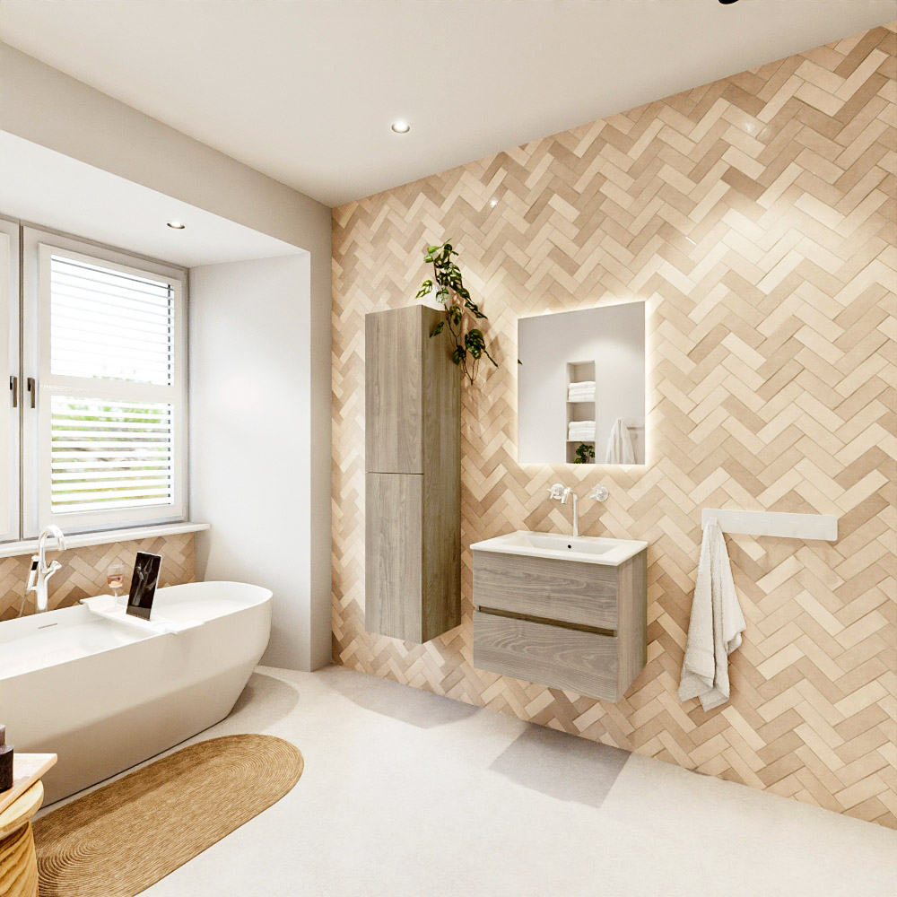 MONDIAZ VICA 60cm mueble de baño Light Brown Grey 2 cajones. Lavabo DENIA Centro 1 orificio color Blanco brillo con espejo LED. 4 MONDIAZ VICA 60cm mueble de baño Light Brown Grey 2 cajones. Lavabo DENIA Centro 1 orificio color Blanco brillo con espejo LED. - Imagen 4