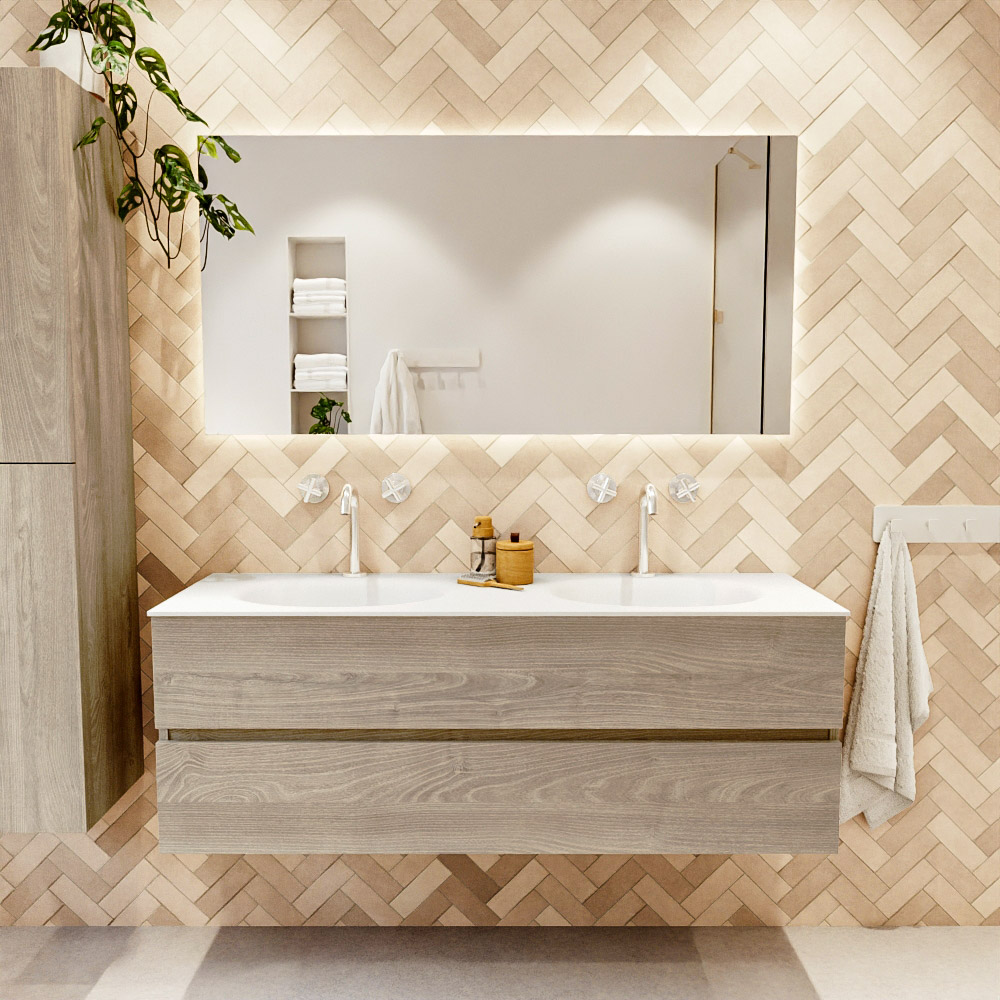 MONDIAZ VICA 140cm mueble de baño Light Brown Grey 2 cajones. Lavabo MOON Doble 2 orificios, color Talc. 2 color Talc.