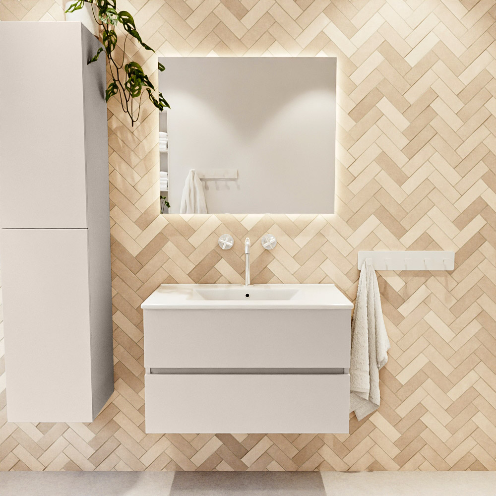 MONDIAZ VICA 80cm mueble de baño Linen 2 cajones. Lavabo DENIA Centro 1 orificio color Blanco brillo con espejo LED. 2 MONDIAZ VICA 80cm mueble de baño Linen 2 cajones. Lavabo DENIA Centro 1 orificio color Blanco brillo con espejo LED. - Imagen 2