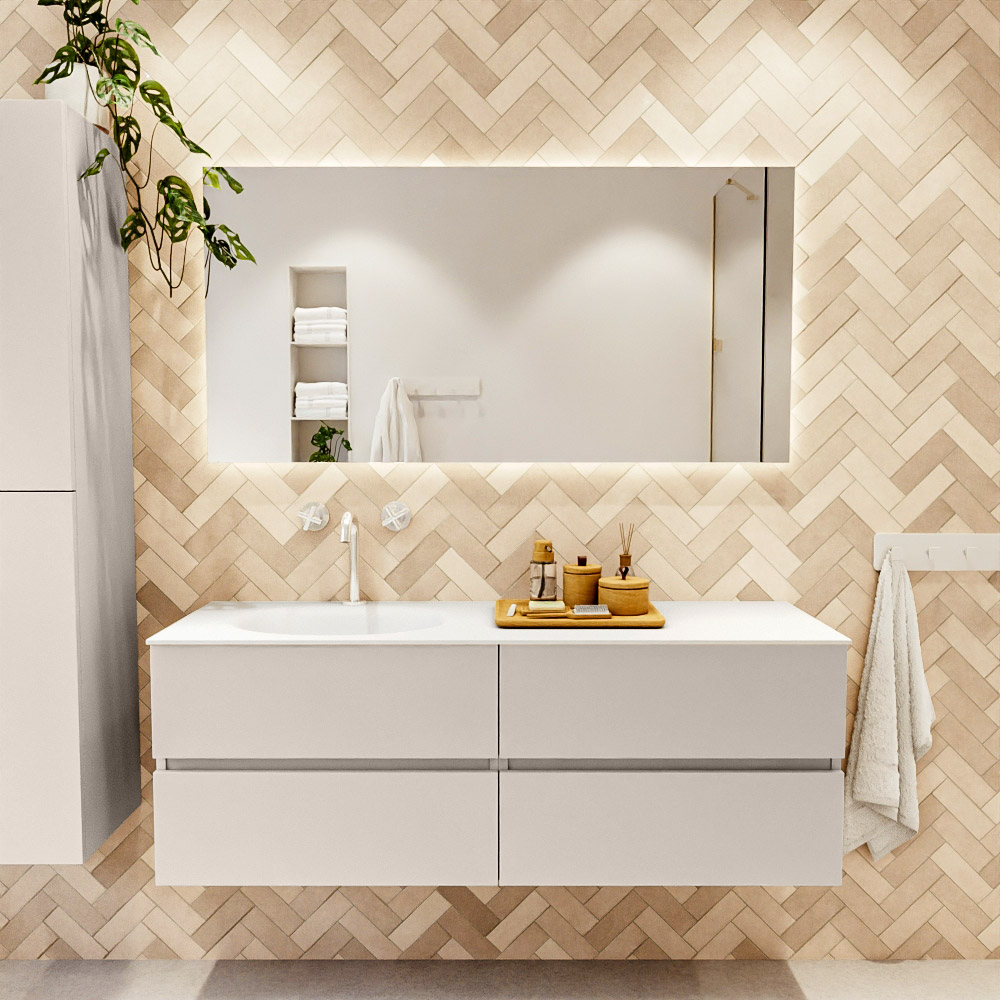 MONDIAZ VICA 140cm mueble de baño Linen 4 cajones. Lavabo MOON Izquierda 1 orificio, color Talc. 2 color Talc.