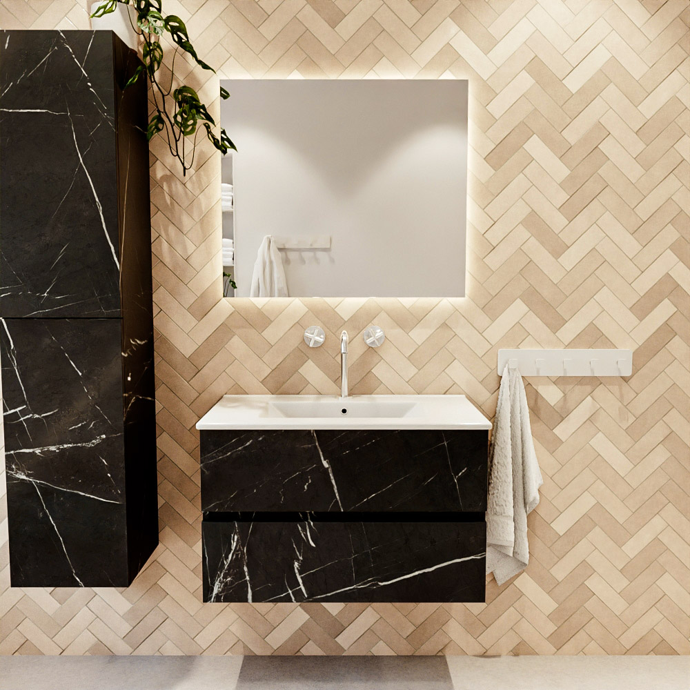 MONDIAZ VICA 80cm mueble de baño Marquina 2 cajones. Lavabo DENIA Centro 1 orificio color Blanco brillo con espejo LED. 2 MONDIAZ VICA 80cm mueble de baño Marquina 2 cajones. Lavabo DENIA Centro 1 orificio color Blanco brillo con espejo LED. - Imagen 2