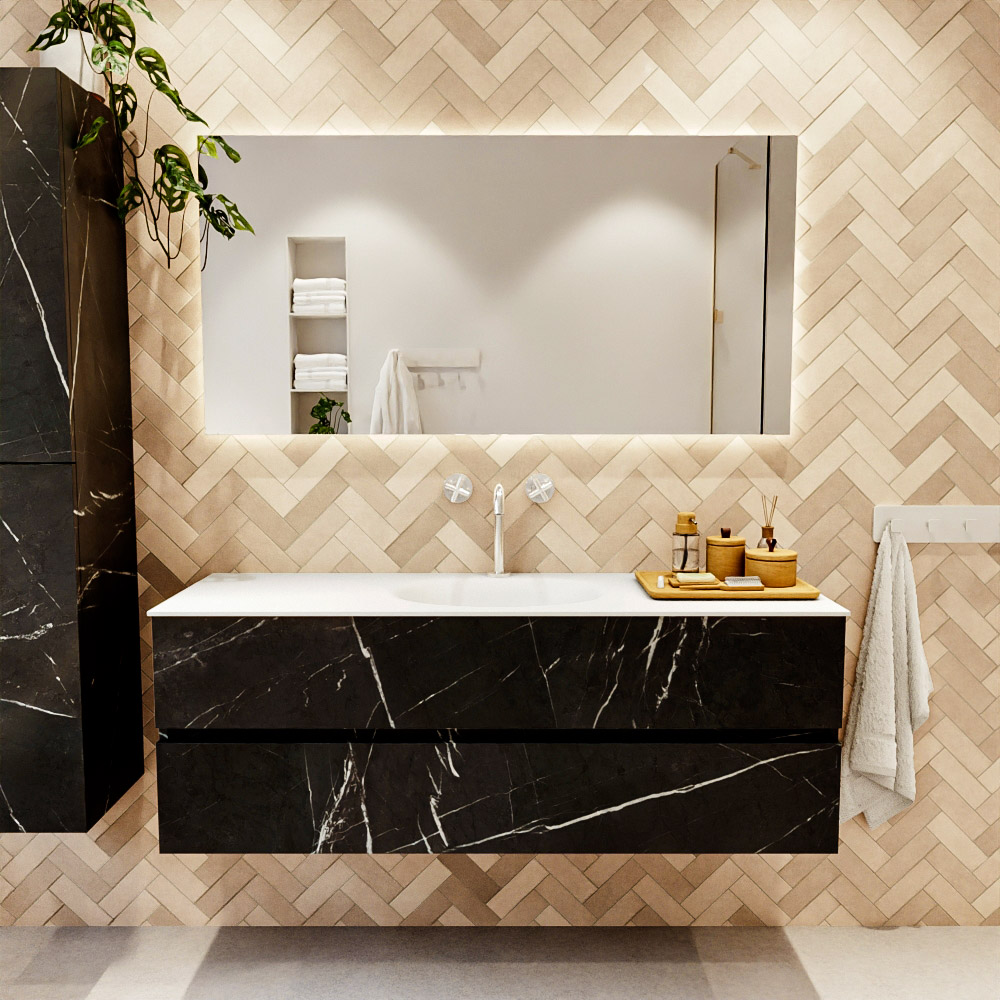 MONDIAZ VICA 140cm mueble de baño Marquina 2 cajones. Lavabo MOON Centro 1 orificio, color Talc. 2 color Talc.