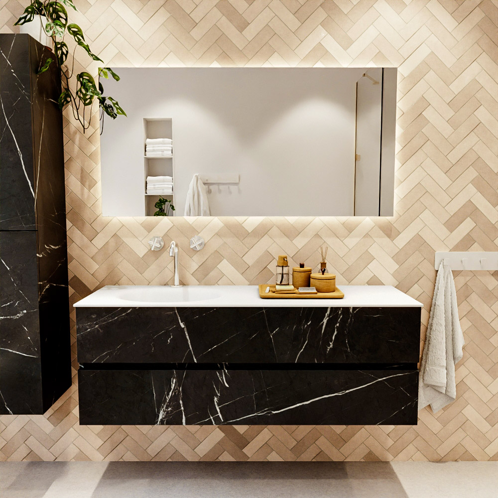 MONDIAZ VICA 140cm mueble de baño Marquina 2 cajones. Lavabo MOON Izquierda 1 orificio, color Talc. 2 color Talc.