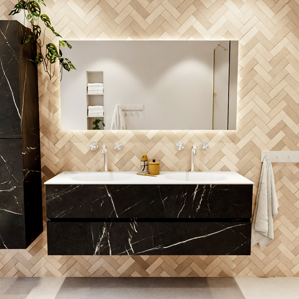 MONDIAZ VICA 140cm mueble de baño Marquina 2 cajones. Lavabo MOON Doble 2 orificios, color Talc. 2 color Talc.