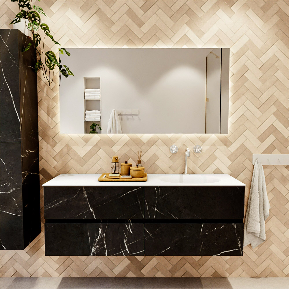 MONDIAZ VICA 140cm mueble de baño Marquina 4 cajones. Lavabo MOON Derecho 1 orificio, color Talc. 2 color Talc.