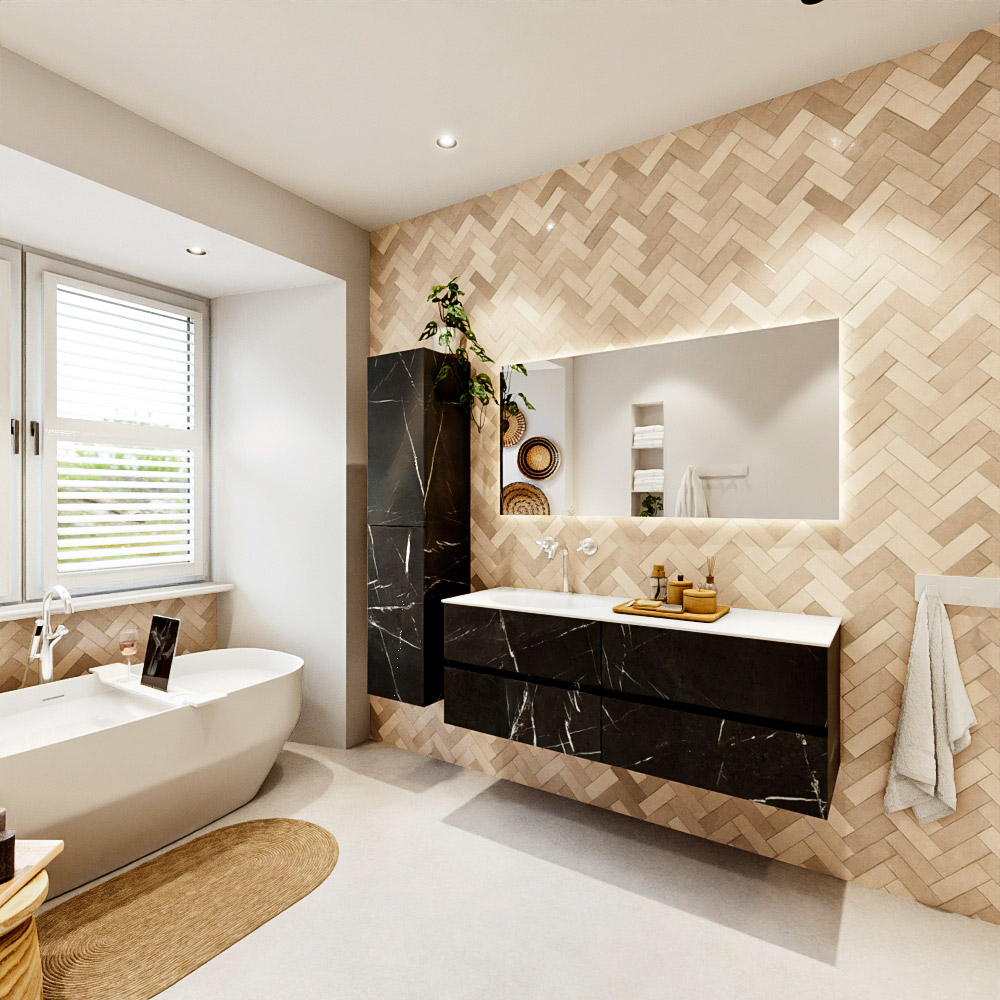 MONDIAZ VICA 140cm mueble de baño Marquina 4 cajones. Lavabo MOON Izquierda 1 orificio color Talc con espejo LED. 4 MONDIAZ VICA 140cm mueble de baño Marquina 4 cajones. Lavabo MOON Izquierda 1 orificio color Talc con espejo LED. - Imagen 4