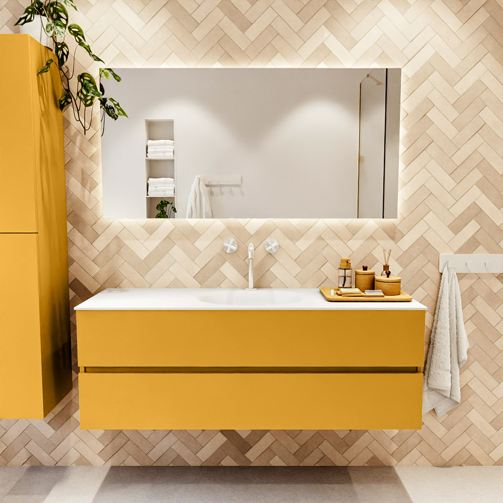 MONDIAZ VICA 140cm mueble de baño Ocher 2 cajones. Lavabo MOON Centro 1 orificio, color Talc. 2 color Talc.
