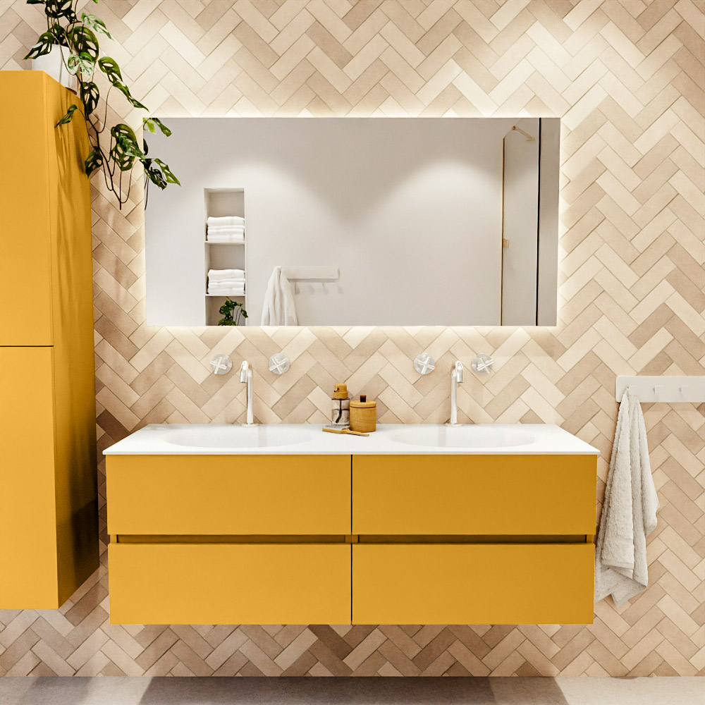 MONDIAZ VICA 140cm mueble de baño Ocher 4 cajones. Lavabo MOON Doble 2 orificios, color Talc. 2 color Talc.