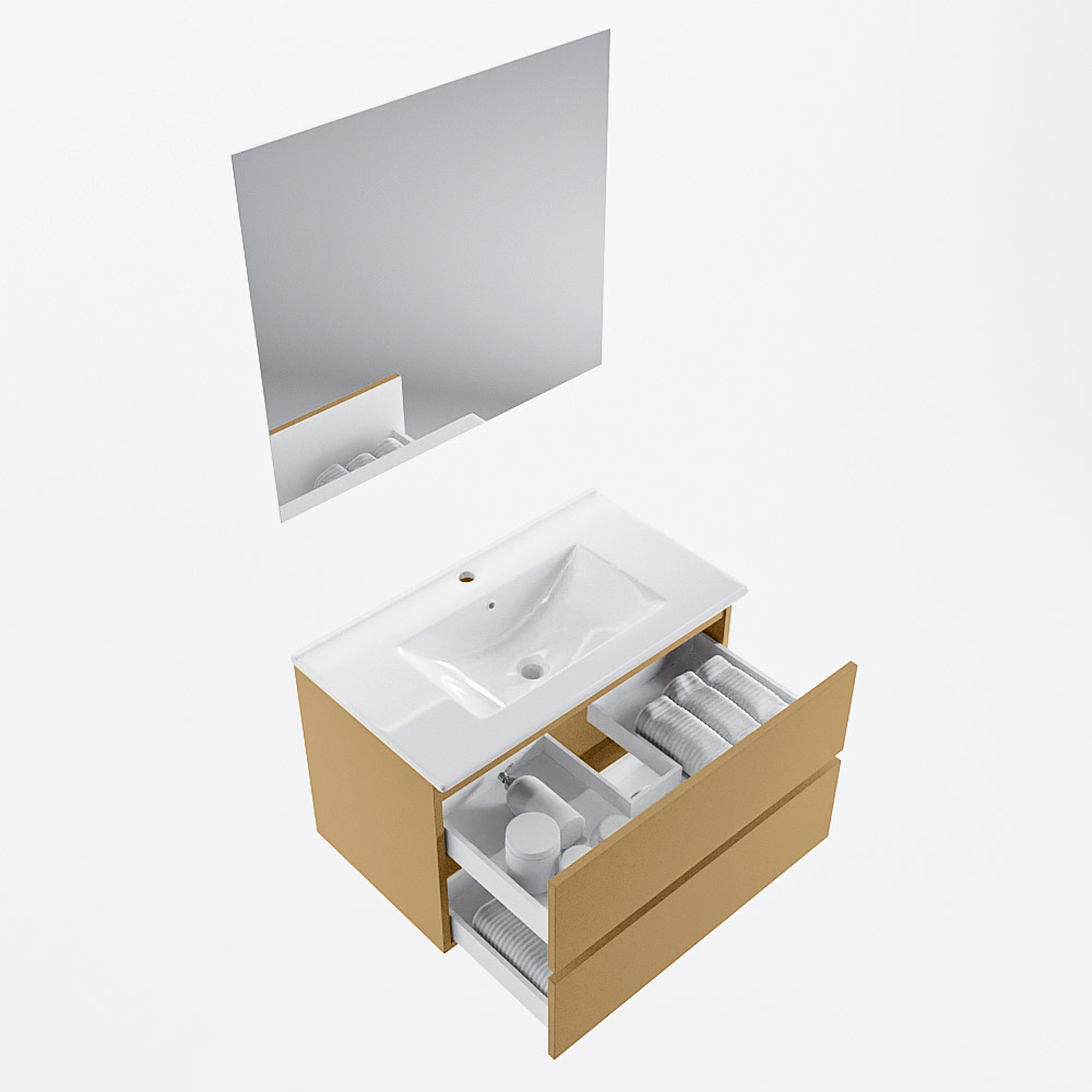 MONDIAZ VICA 80cm mueble de baño Oro 2 cajones. Lavabo DENIA Centro 1 orificio color Blanco brillo con espejo LED. 7 MONDIAZ VICA 80cm mueble de baño Oro 2 cajones. Lavabo DENIA Centro 1 orificio color Blanco brillo con espejo LED. - Imagen 7