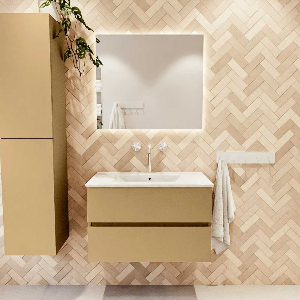 MONDIAZ VICA 80cm mueble de baño Oro 2 cajones. Lavabo DENIA Centro 1 orificio color Blanco brillo con espejo LED. 2 MONDIAZ VICA 80cm mueble de baño Oro 2 cajones. Lavabo DENIA Centro 1 orificio color Blanco brillo con espejo LED. - Imagen 2