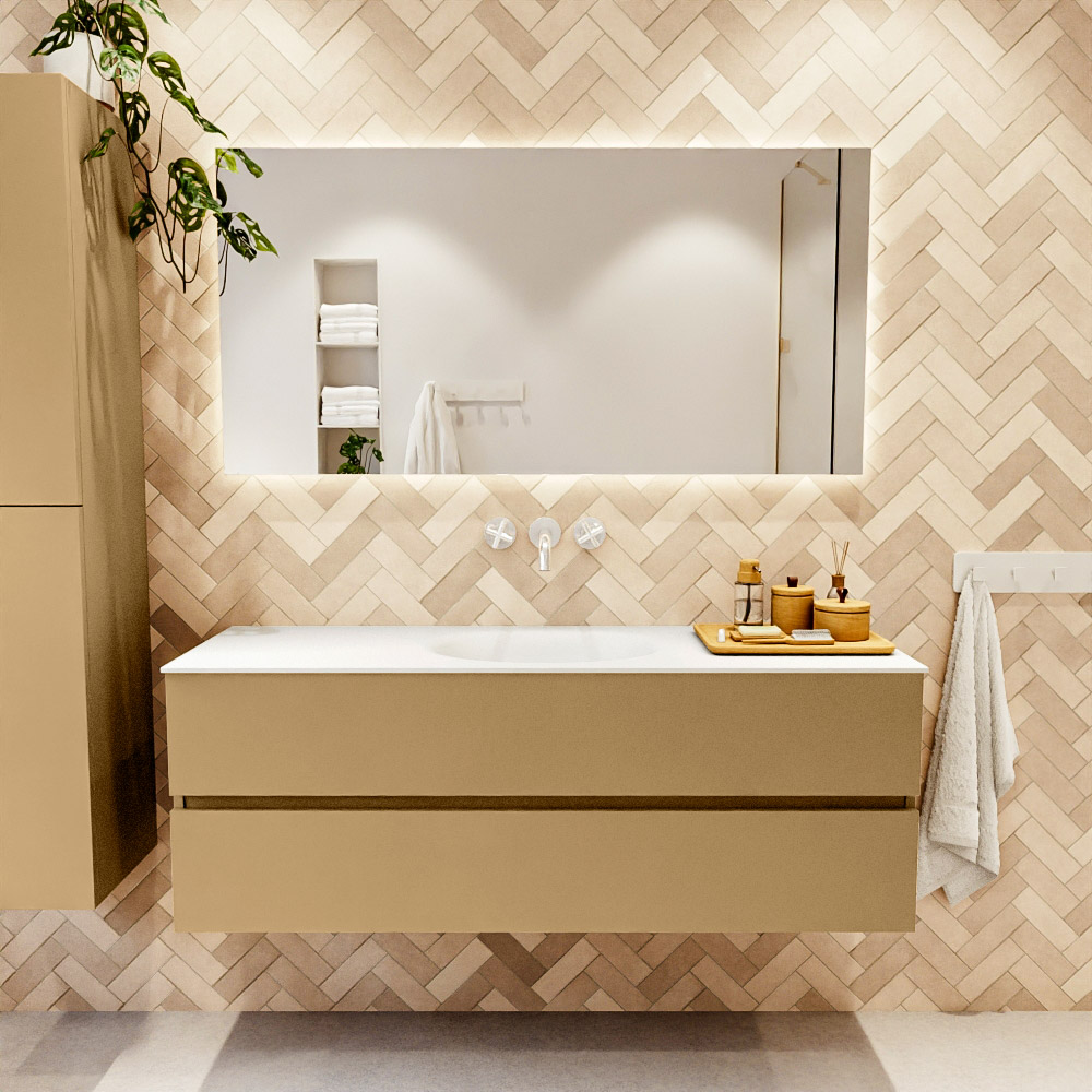 MONDIAZ VICA 140cm mueble de baño Oro 2 cajones. Lavabo MOON Centro sin orificio, color Talc. 2 color Talc.