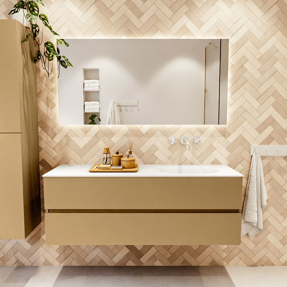 MONDIAZ VICA 140cm mueble de baño Oro 2 cajones. Lavabo MOON Derecho sin orificio, color Talc. 2 color Talc.