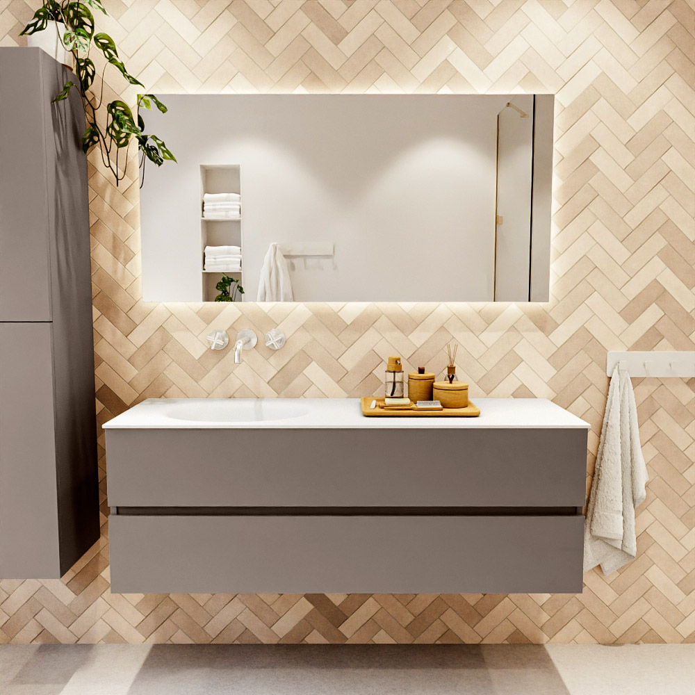 MONDIAZ VICA 140cm mueble de baño Smoke 2 cajones. Lavabo MOON Izquierda sin orificio, color Talc. 2 color Talc.
