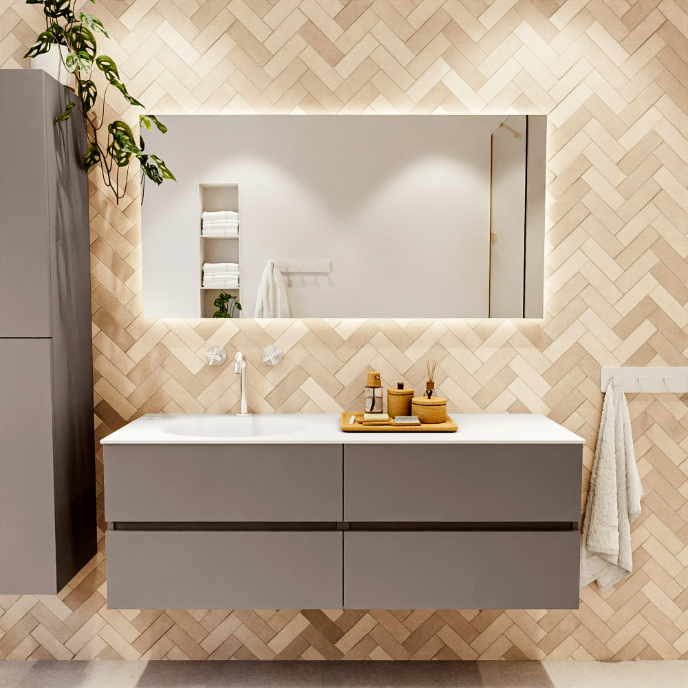 MONDIAZ VICA 140cm mueble de baño Smoke 4 cajones. Lavabo MOON Izquierda 1 orificio, color Talc. 2 color Talc.