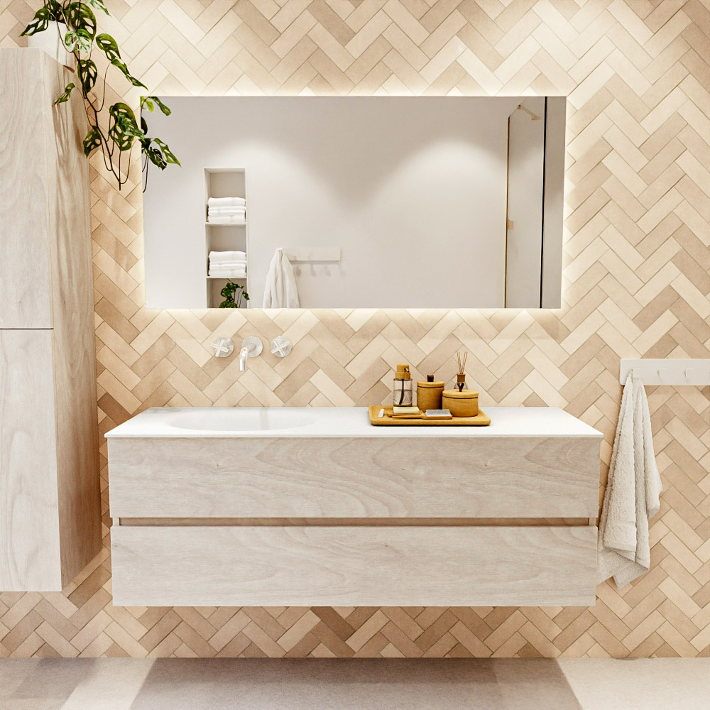 MONDIAZ VICA 140cm mueble de baño Underlayment 2 cajones. Lavabo MOON Izquierda sin orificio, color Talc. 2 color Talc.