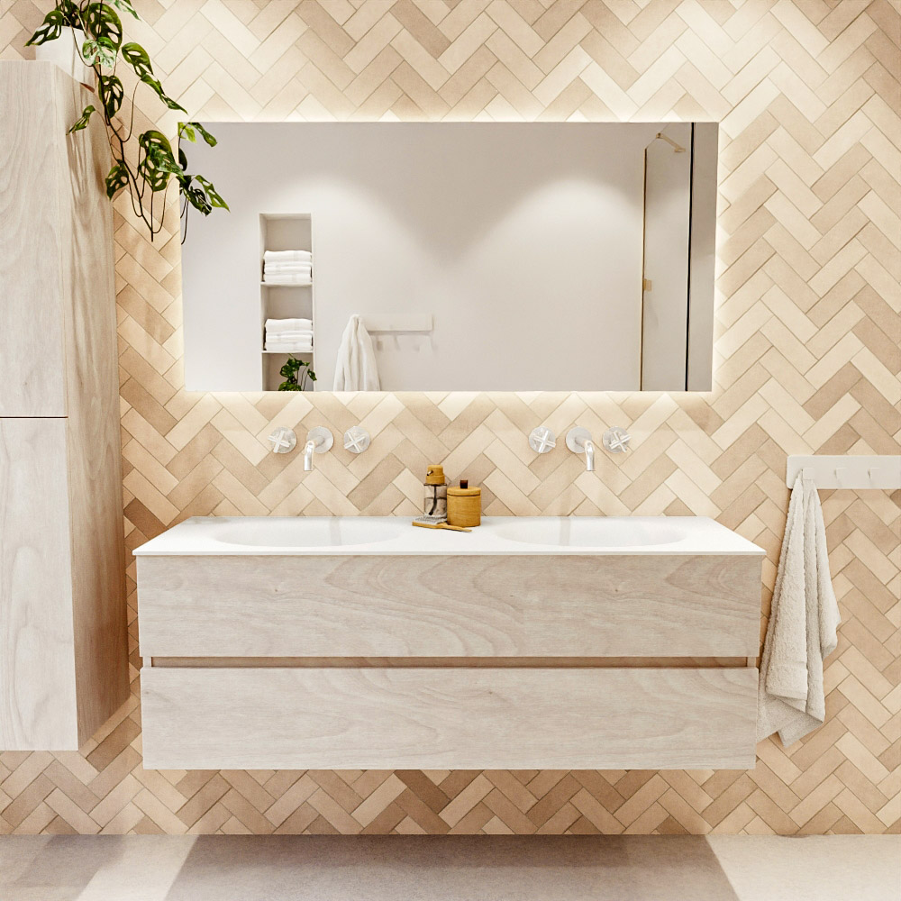 MONDIAZ VICA 140cm mueble de baño Underlayment 2 cajones. Lavabo MOON Doble sin orificio, color Talc. 2 color Talc.