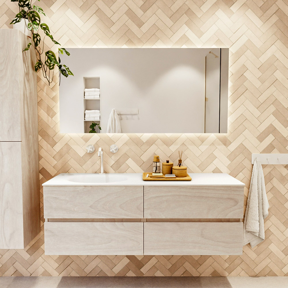 MONDIAZ VICA 140cm mueble de baño Underlayment 4 cajones. Lavabo MOON Izquierda 1 orificio, color Talc. 2 color Talc.