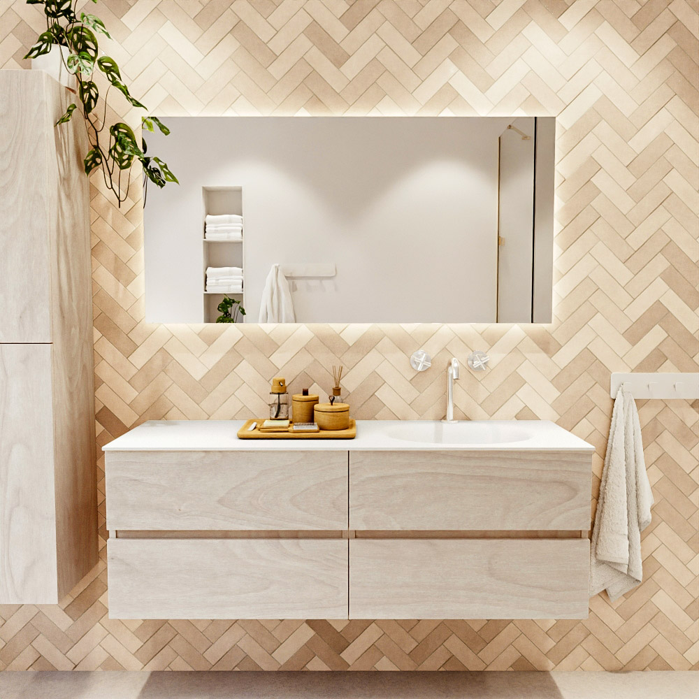 MONDIAZ VICA 140cm mueble de baño Underlayment 4 cajones. Lavabo MOON Derecho 1 orificio, color Talc. 2 color Talc.