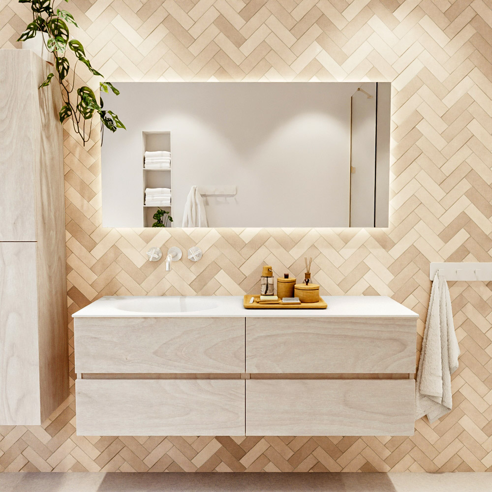MONDIAZ VICA 140cm mueble de baño Underlayment 4 cajones. Lavabo MOON Izquierda sin orificio, color Talc. 2 color Talc.