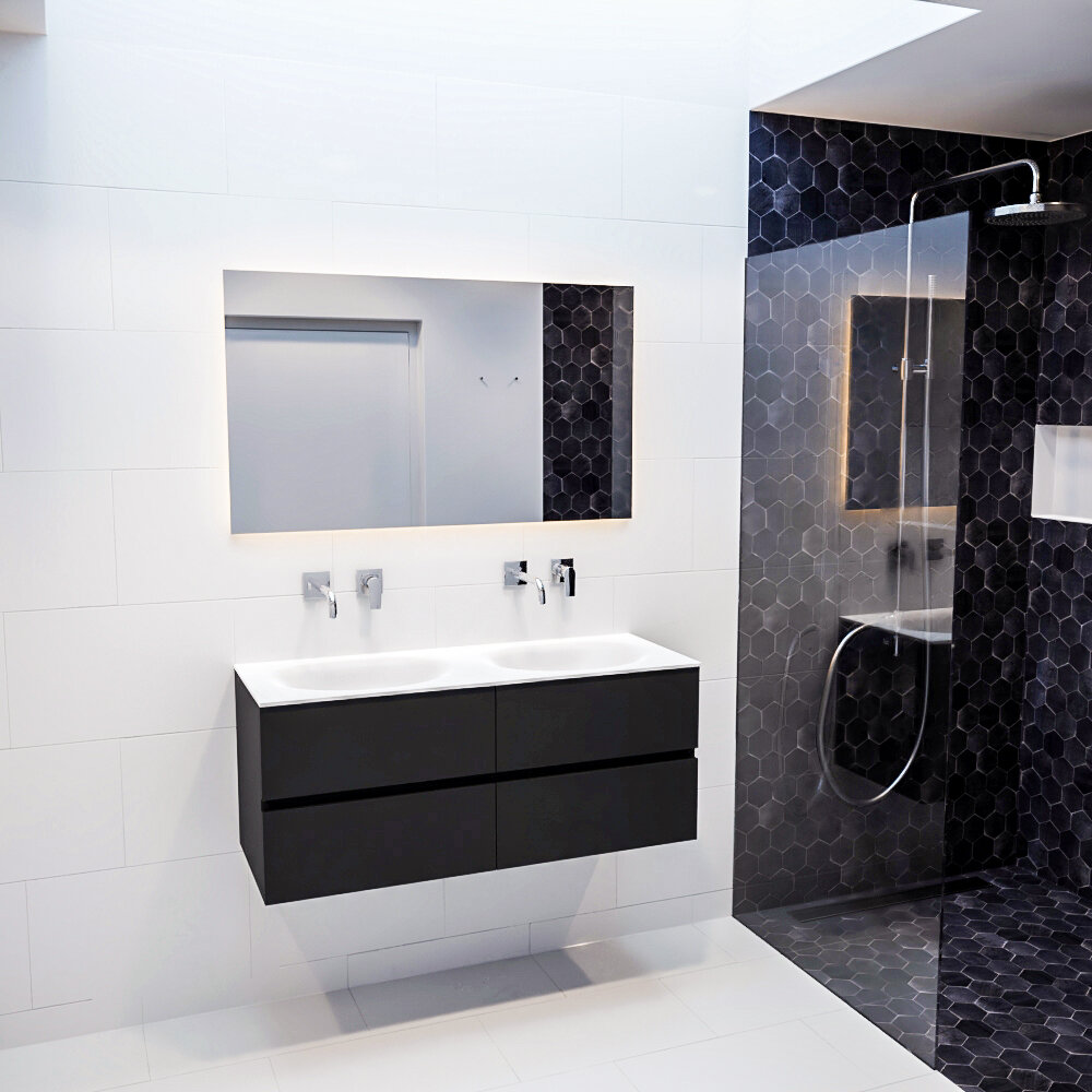 Mueble de baño 120 cm Vica negro mate con 4 cajones, lavabo de Solid surface seno doble con 0 orificio(s) para el grifo. 11 Mueble de baño 120 cm Vica negro mate con 4 cajones, lavabo de Solid surface seno doble con 0 orificio(s) para el grifo. - Imagen 11