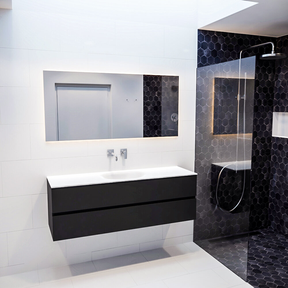 Mueble de baño 150 cm Vica negro mate con 2 cajones, lavabo de Solid surface seno centrado con 0 orificio(s) para el grifo. 10 Mueble de baño 150 cm Vica negro mate con 2 cajones, lavabo de Solid surface seno centrado con 0 orificio(s) para el grifo. - Imagen 10