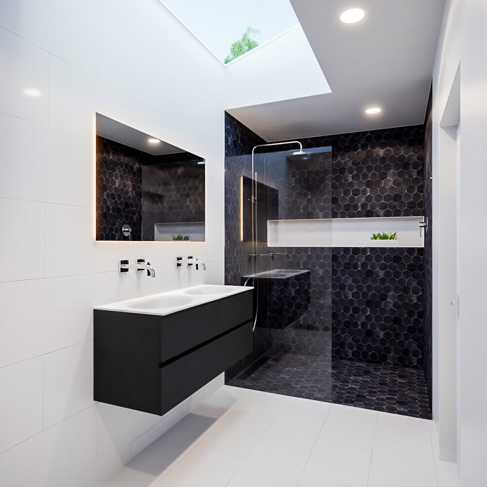 Mueble de baño 120 cm Vica negro mate con 4 cajones, lavabo de Solid surface seno doble con 0 orificio(s) para el grifo. 10 Mueble de baño 120 cm Vica negro mate con 4 cajones, lavabo de Solid surface seno doble con 0 orificio(s) para el grifo. - Imagen 10