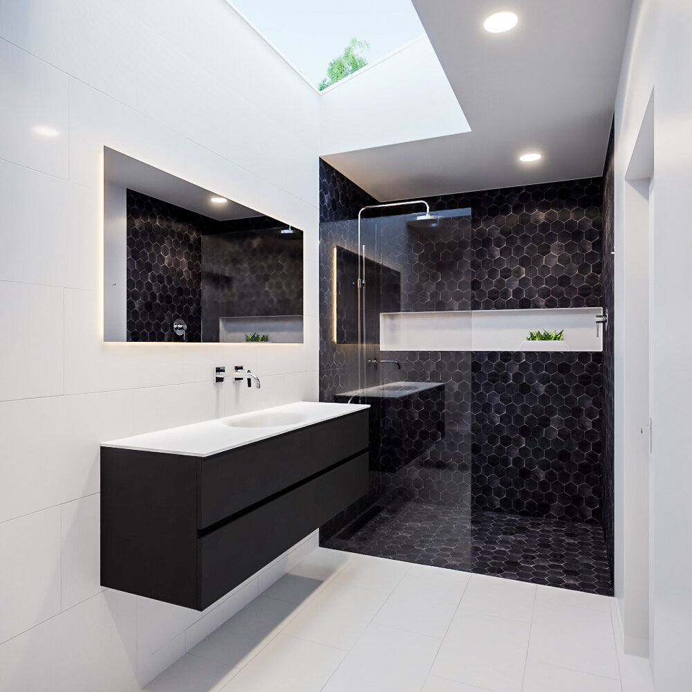 Mueble de baño 150 cm Vica negro mate con 2 cajones, lavabo de Solid surface seno centrado con 0 orificio(s) para el grifo. 9 Mueble de baño 150 cm Vica negro mate con 2 cajones, lavabo de Solid surface seno centrado con 0 orificio(s) para el grifo. - Imagen 9