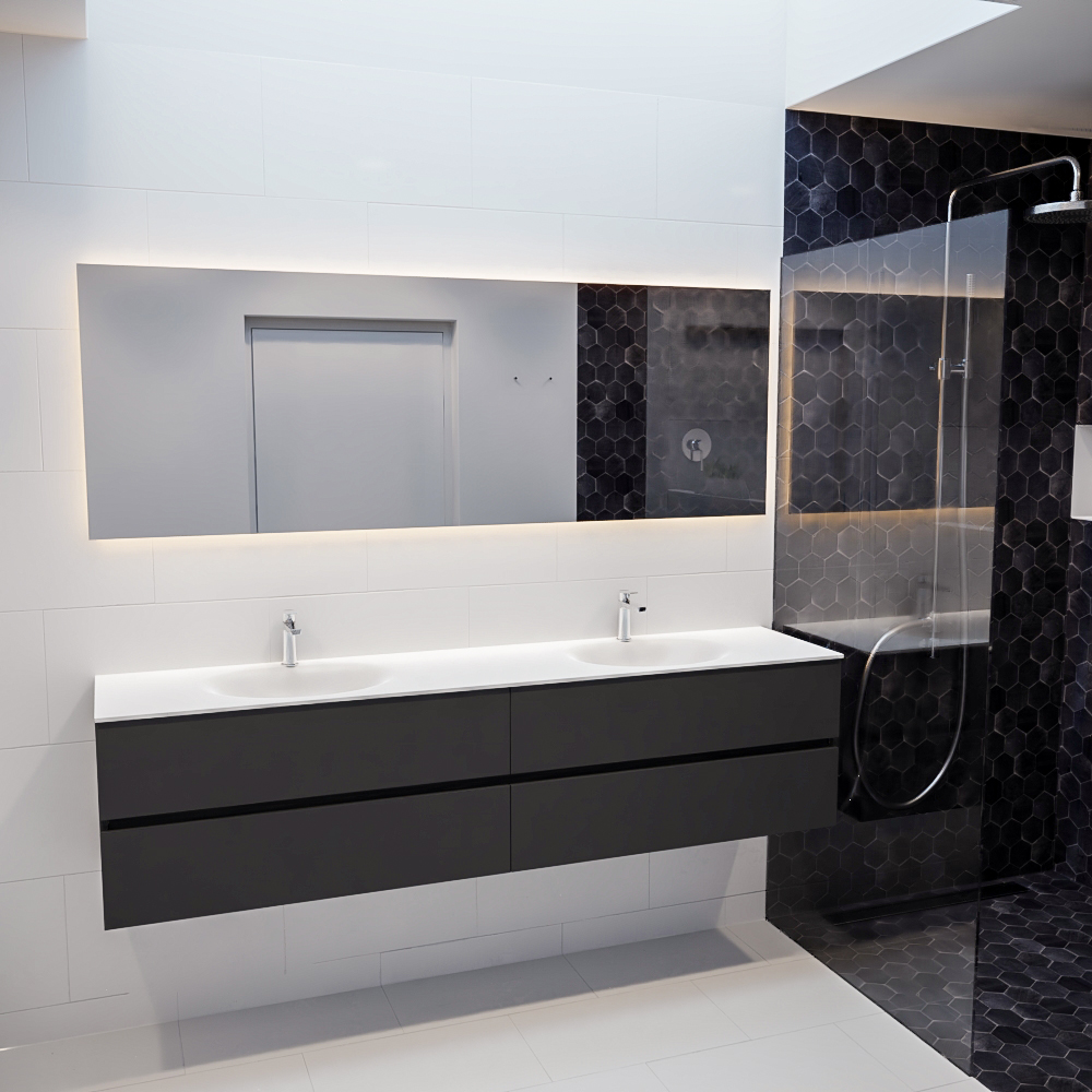 MONDIAZ VICA 200cm mueble de baño Dark Grey 4 cajones lavabo MOON Doble 2 orificios con espejo LED. 3 MONDIAZ VICA 200cm mueble de baño Dark Grey 4 cajones lavabo MOON Doble 2 orificios con espejo LED. - Imagen 3