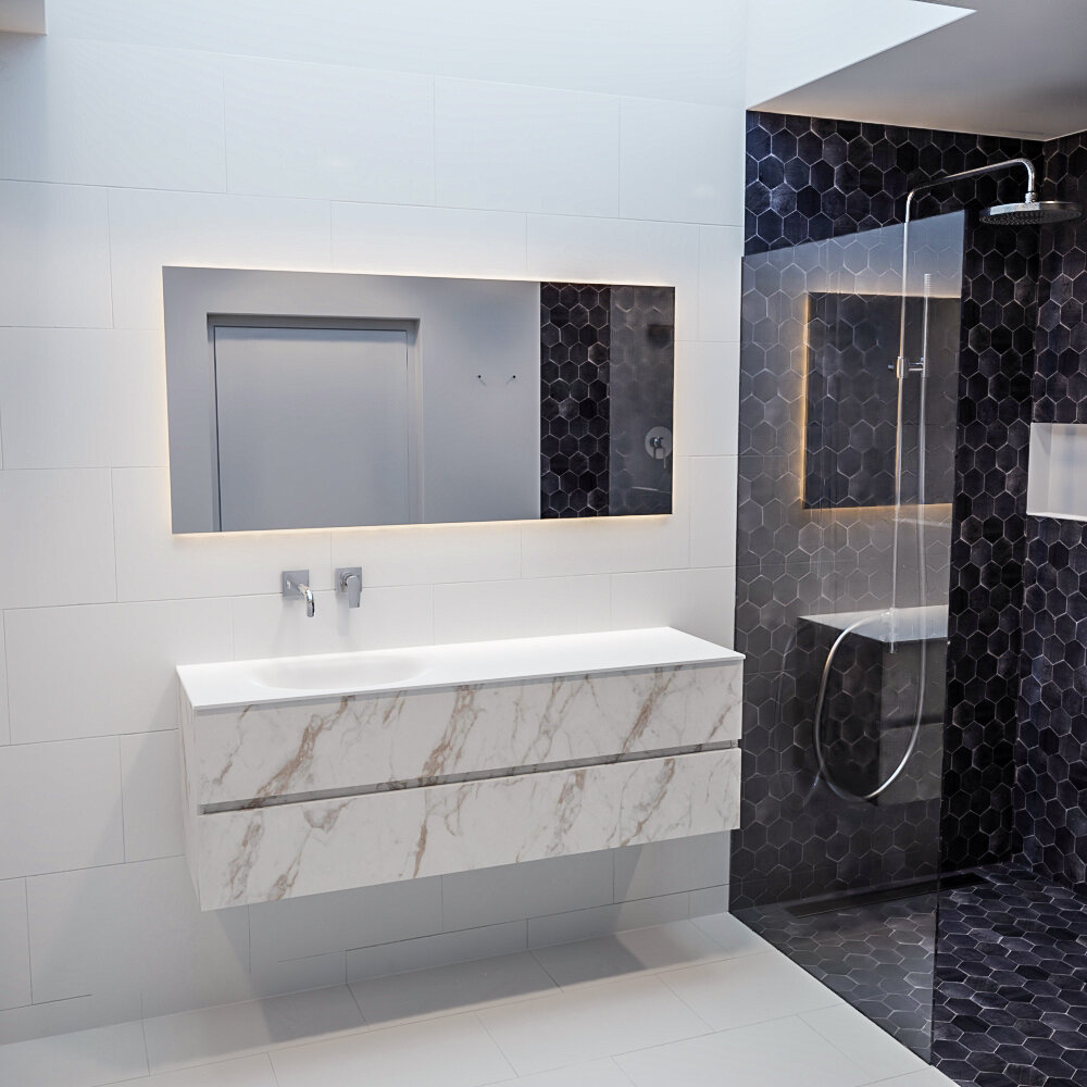MONDIAZ VICA 150cm mueble de baño Carrara 2 cajones lavabo MOON Izquierda sin orificio con espejo LED. 3 MONDIAZ VICA 150cm mueble de baño Carrara 2 cajones lavabo MOON Izquierda sin orificio con espejo LED. - Imagen 3