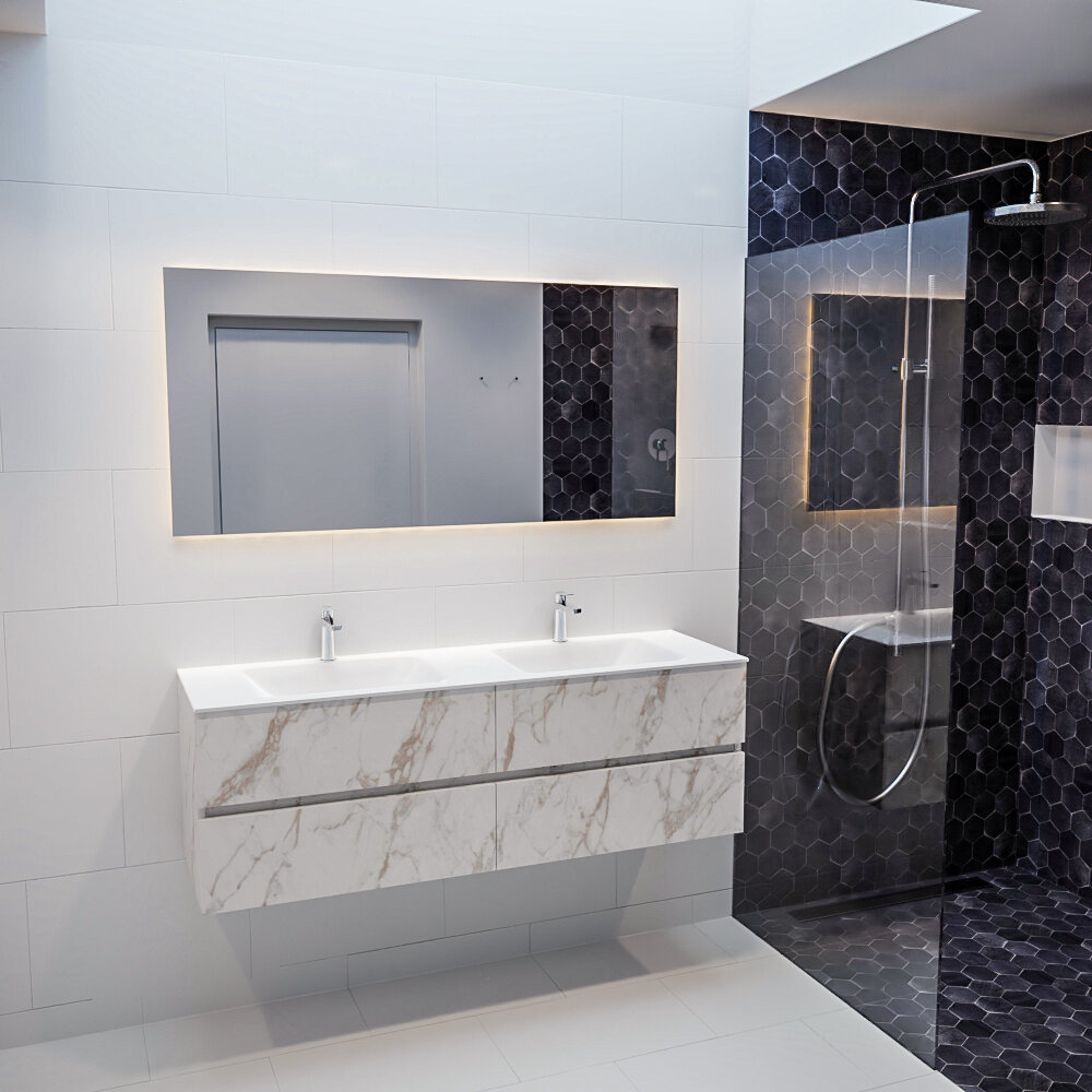 MONDIAZ VICA 150cm mueble de baño Carrara 4 cajones lavabo CLOUD Doble 2 orificios con espejo LED. 3 MONDIAZ VICA 150cm mueble de baño Carrara 4 cajones lavabo CLOUD Doble 2 orificios con espejo LED. - Imagen 3