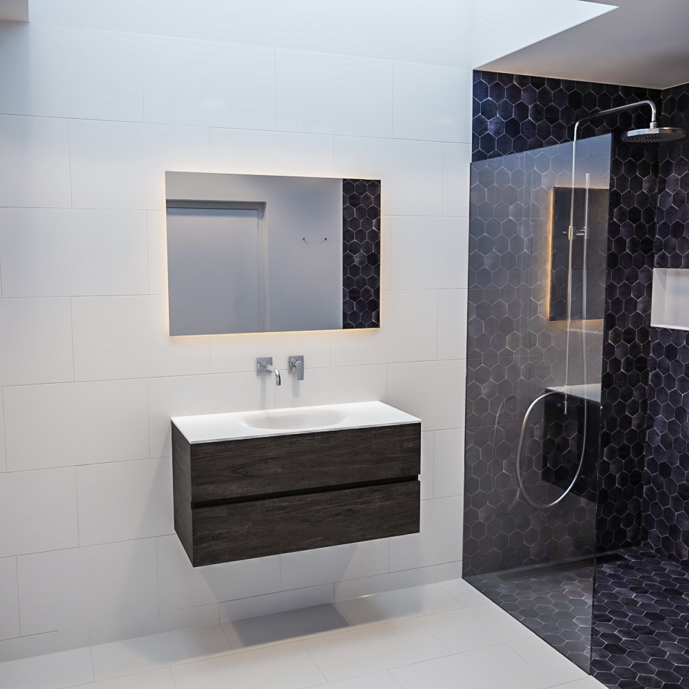 Mueble de baño 100 cm Wood nogal con 2 cajones, lavabo de Solid surface seno centrado con 0 orificio(s) para el grifo. 11 Mueble de baño 100 cm Wood nogal con 2 cajones, lavabo de Solid surface seno centrado con 0 orificio(s) para el grifo. - Imagen 11