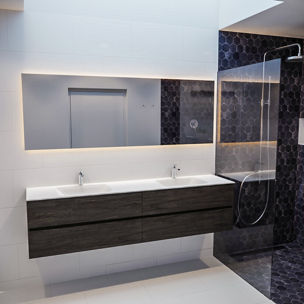 MONDIAZ VICA 200cm mueble de baño Dark Brown 4 cajones lavabo CLOUD Doble 2 orificios con espejo LED. 3 MONDIAZ VICA 200cm mueble de baño Dark Brown 4 cajones lavabo CLOUD Doble 2 orificios con espejo LED. - Imagen 3