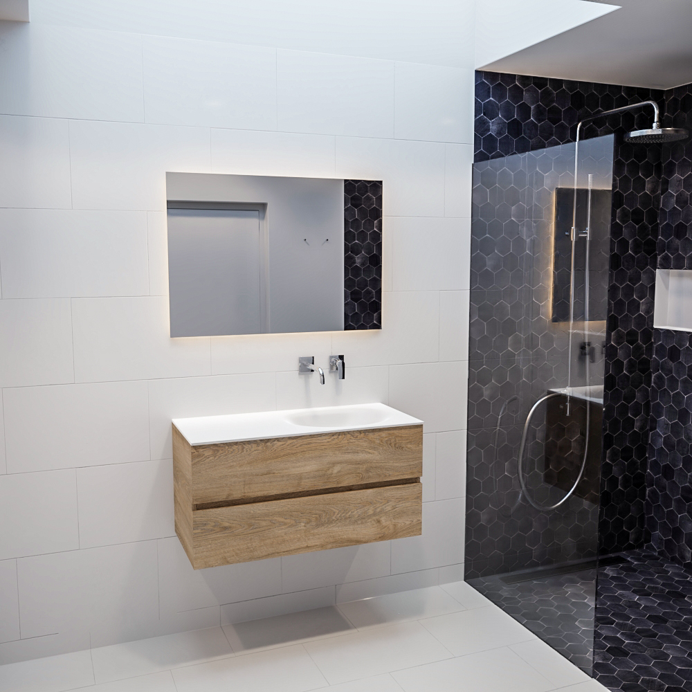 Mueble de baño 100 cm Vica Wood roble natural con 2 cajones, lavabo de Solid surface seno derecho con 0 orificio(s) para el grifo. 15 Mueble de baño 100 cm Vica Wood roble natural con 2 cajones, lavabo de Solid surface seno derecho con 0 orificio(s) para el grifo. - Imagen 15